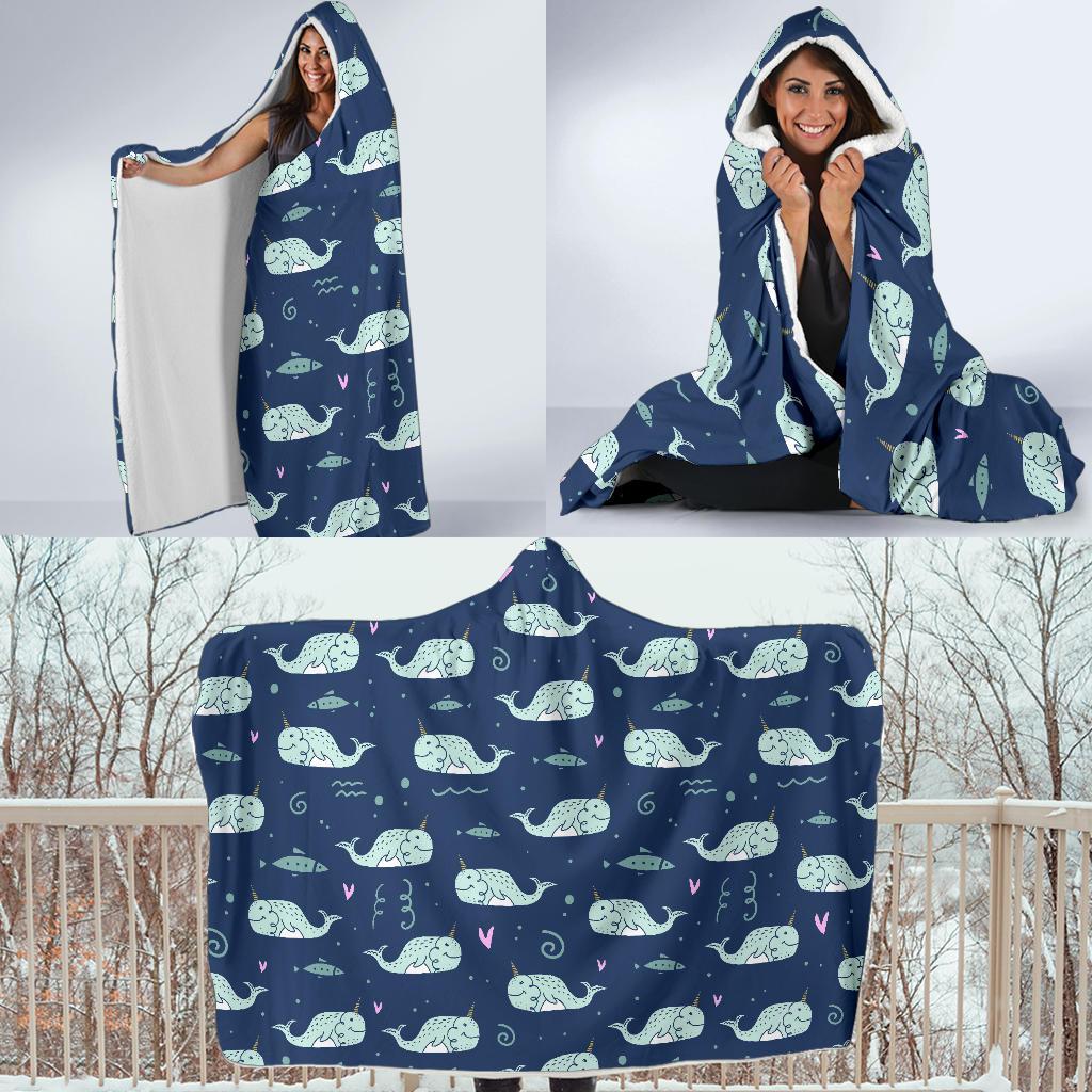 Narwhal Design Print Hooded Blanket-JTAMIGO.COM
