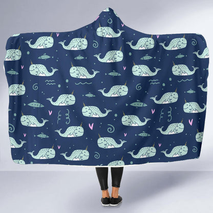 Narwhal Design Print Hooded Blanket-JTAMIGO.COM