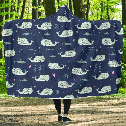 Narwhal Design Print Hooded Blanket-JTAMIGO.COM