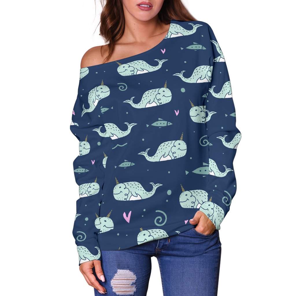 Narwhal Design Print Off Shoulder Sweatshirt