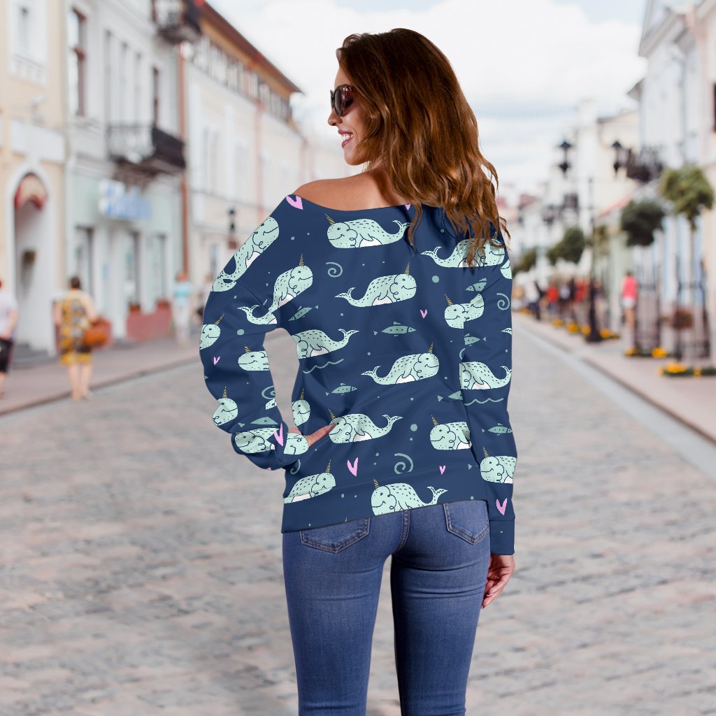 Narwhal Design Print Off Shoulder Sweatshirt
