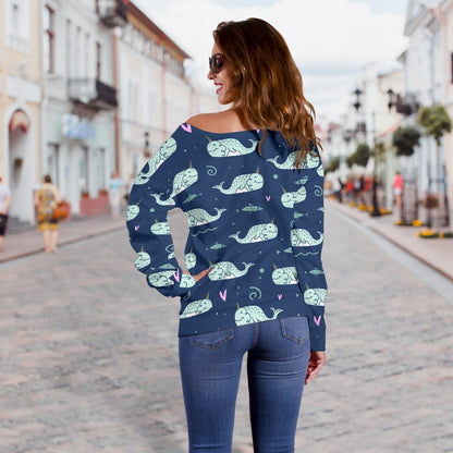 Narwhal Design Print Off Shoulder Sweatshirt