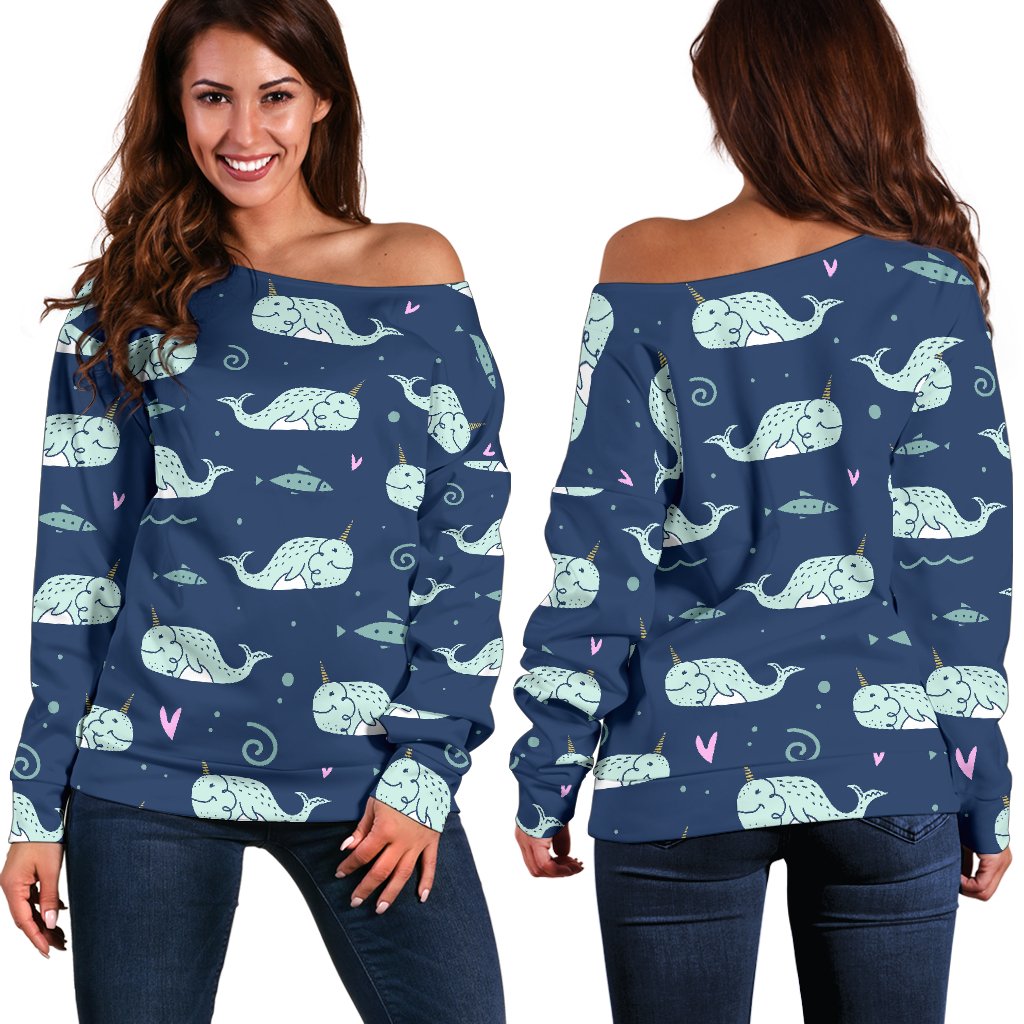 Narwhal Design Print Off Shoulder Sweatshirt