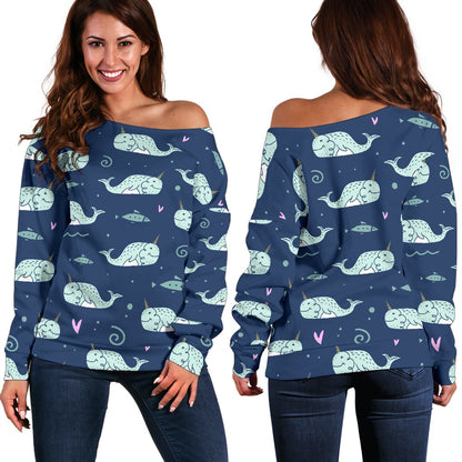 Narwhal Design Print Off Shoulder Sweatshirt
