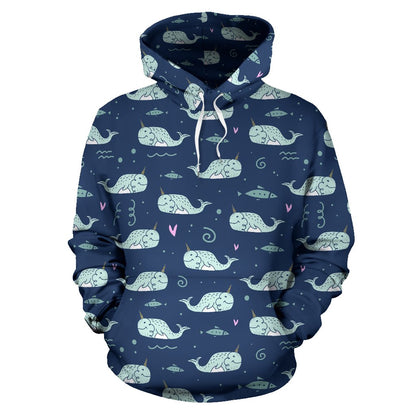 Narwhal Design Print Pullover Hoodie