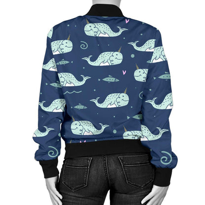 Narwhal Design Print Women Casual Bomber Jacket