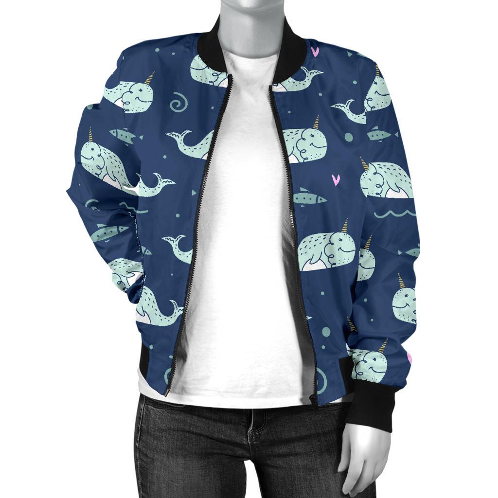 Narwhal Design Print Women Casual Bomber Jacket