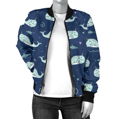 Narwhal Design Print Women Casual Bomber Jacket