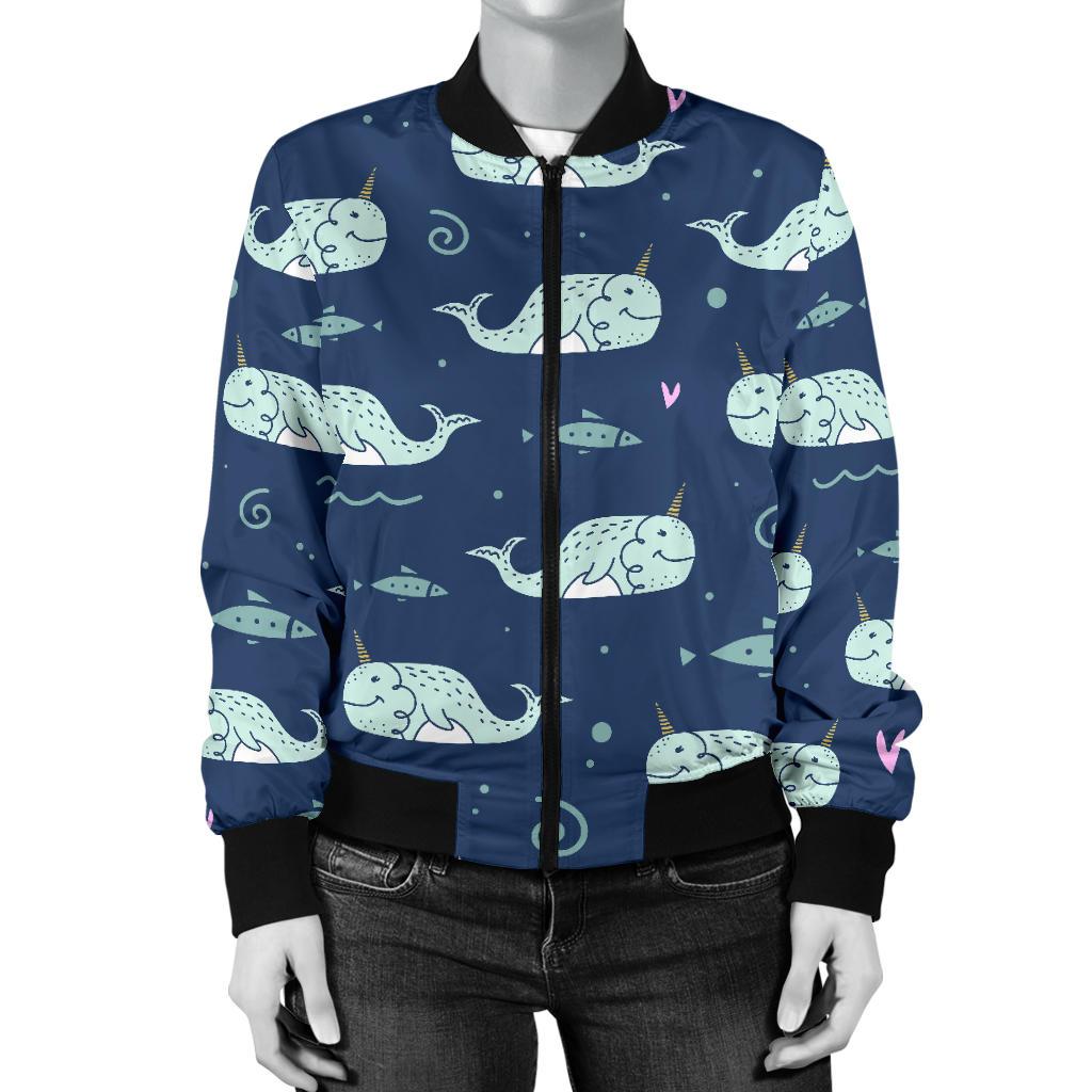 Narwhal Design Print Women Casual Bomber Jacket