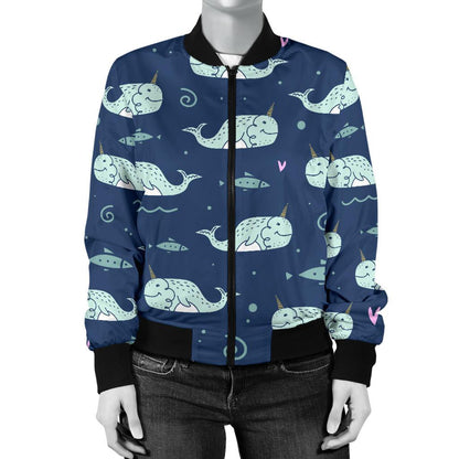 Narwhal Design Print Women Casual Bomber Jacket