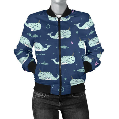 Narwhal Design Print Women Casual Bomber Jacket