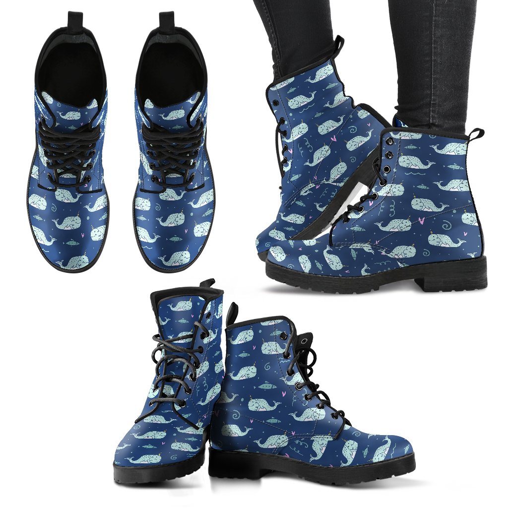 Narwhal Design Print Women Leather Boots-JTAMIGO.COM