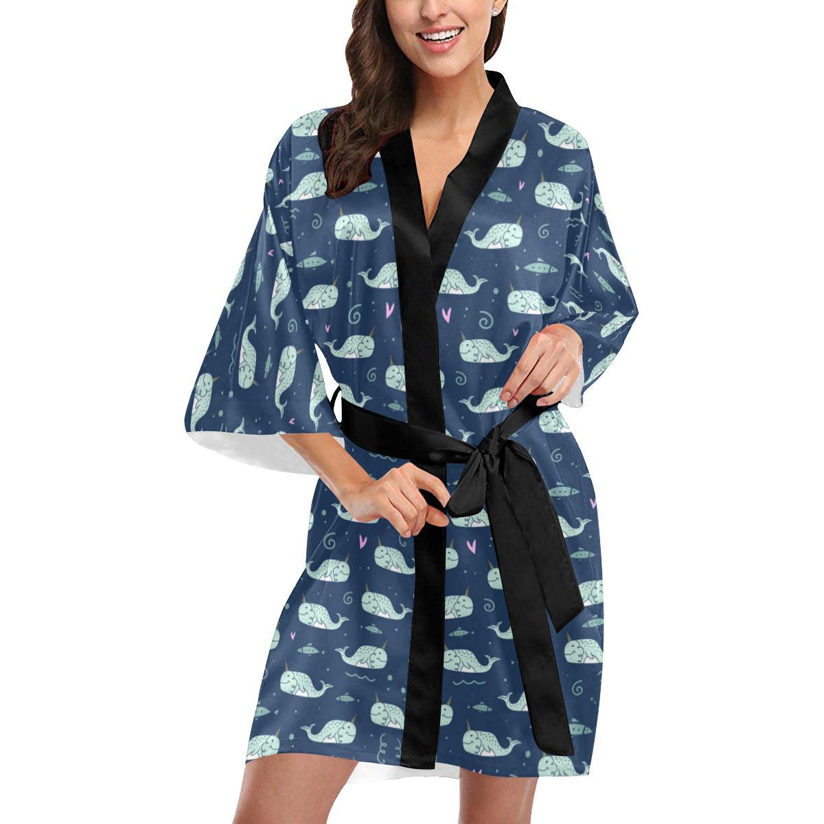 Narwhal Design Print Women Short Kimono Robe