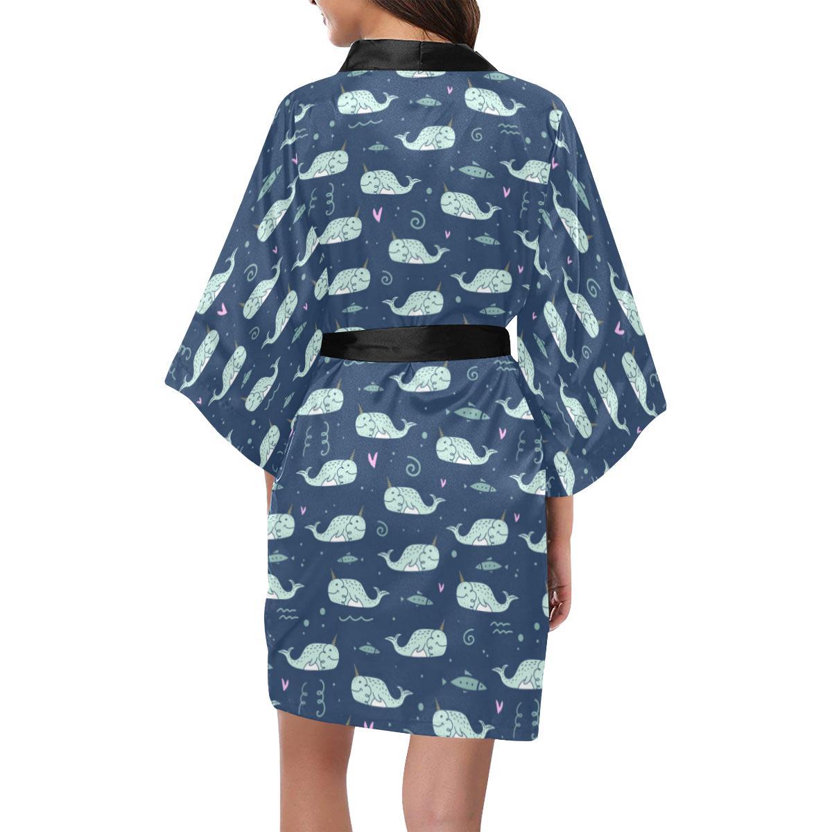 Narwhal Design Print Women Short Kimono Robe