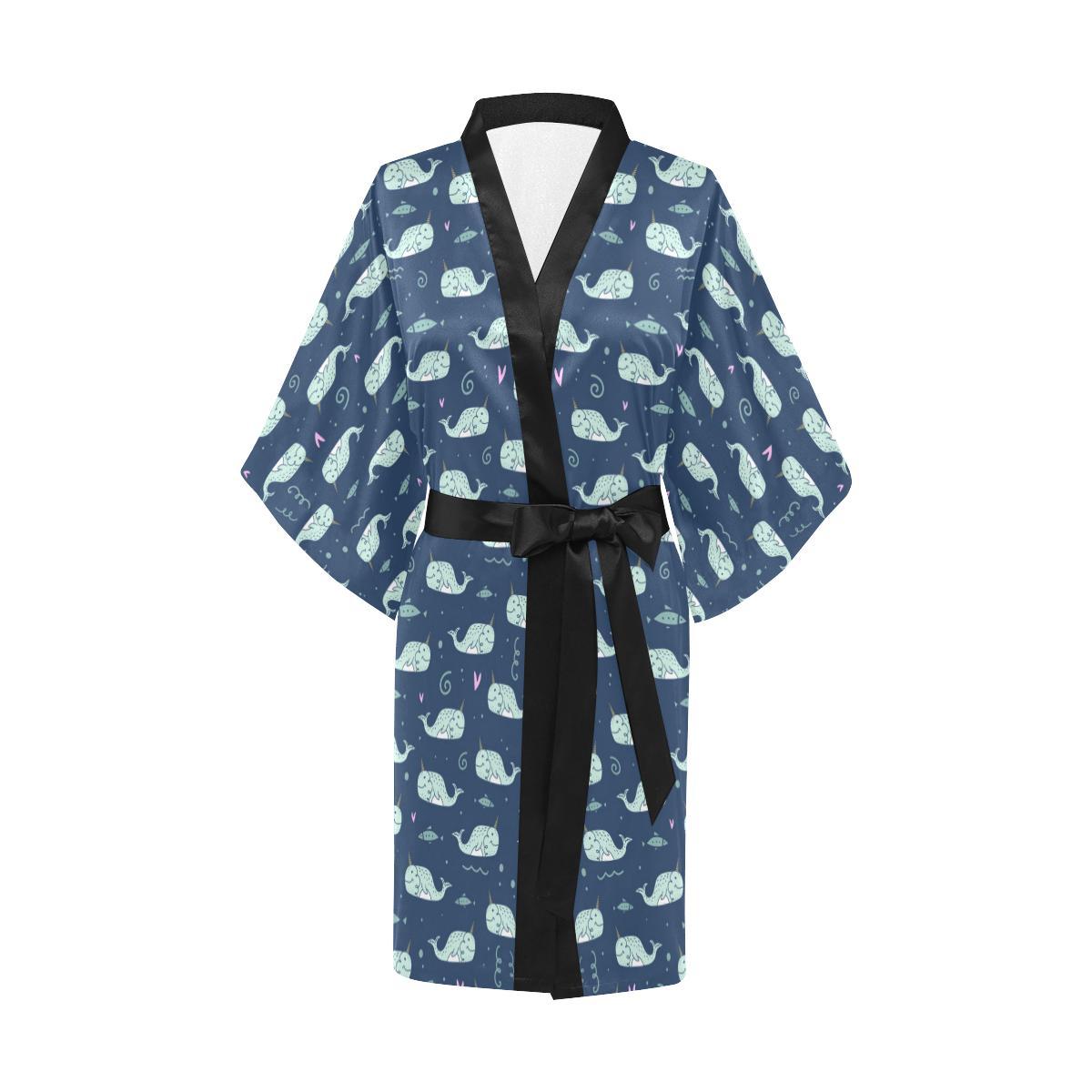 Narwhal Design Print Women Short Kimono Robe