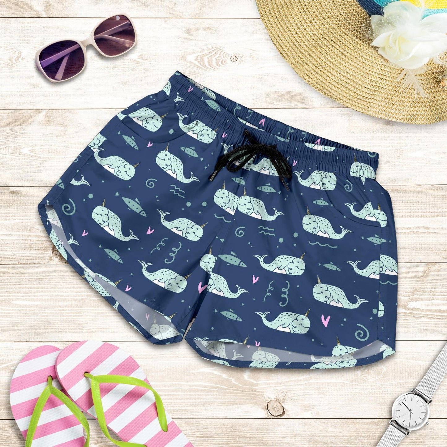 Narwhal Design Print Women Shorts-JTAMIGO.COM
