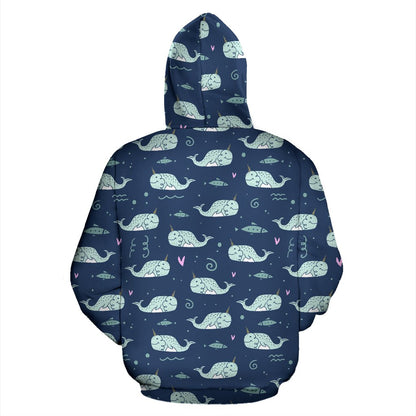 Narwhal Design Print Zip Up Hoodie