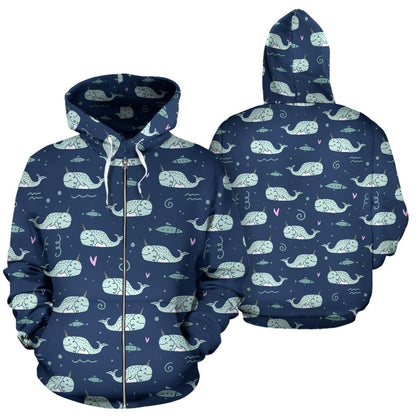 Narwhal Design Print Zip Up Hoodie