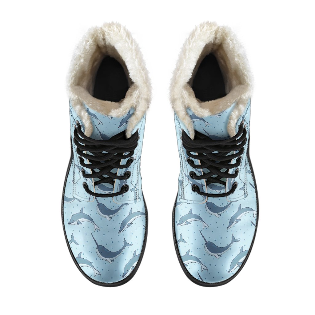 Narwhal Dolphin Print Faux Fur Leather Boots-JTAMIGO.COM