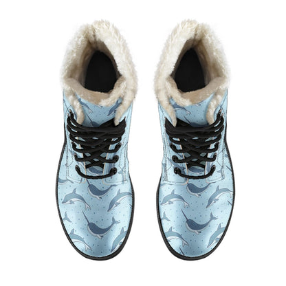 Narwhal Dolphin Print Faux Fur Leather Boots-JTAMIGO.COM