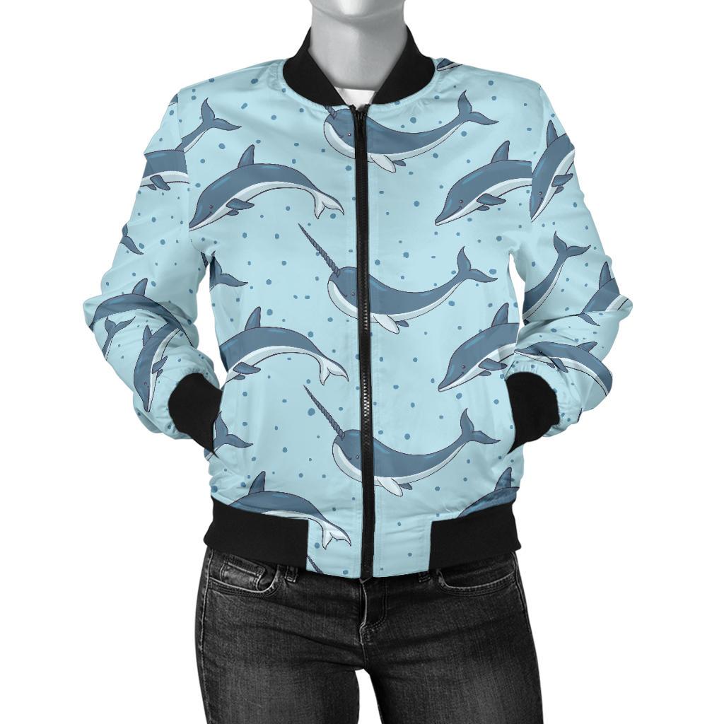 Narwhal Dolphin Print Women Casual Bomber Jacket