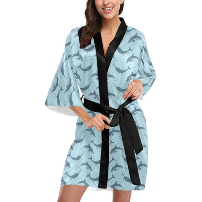 Narwhal Dolphin Print Women Short Kimono Robe
