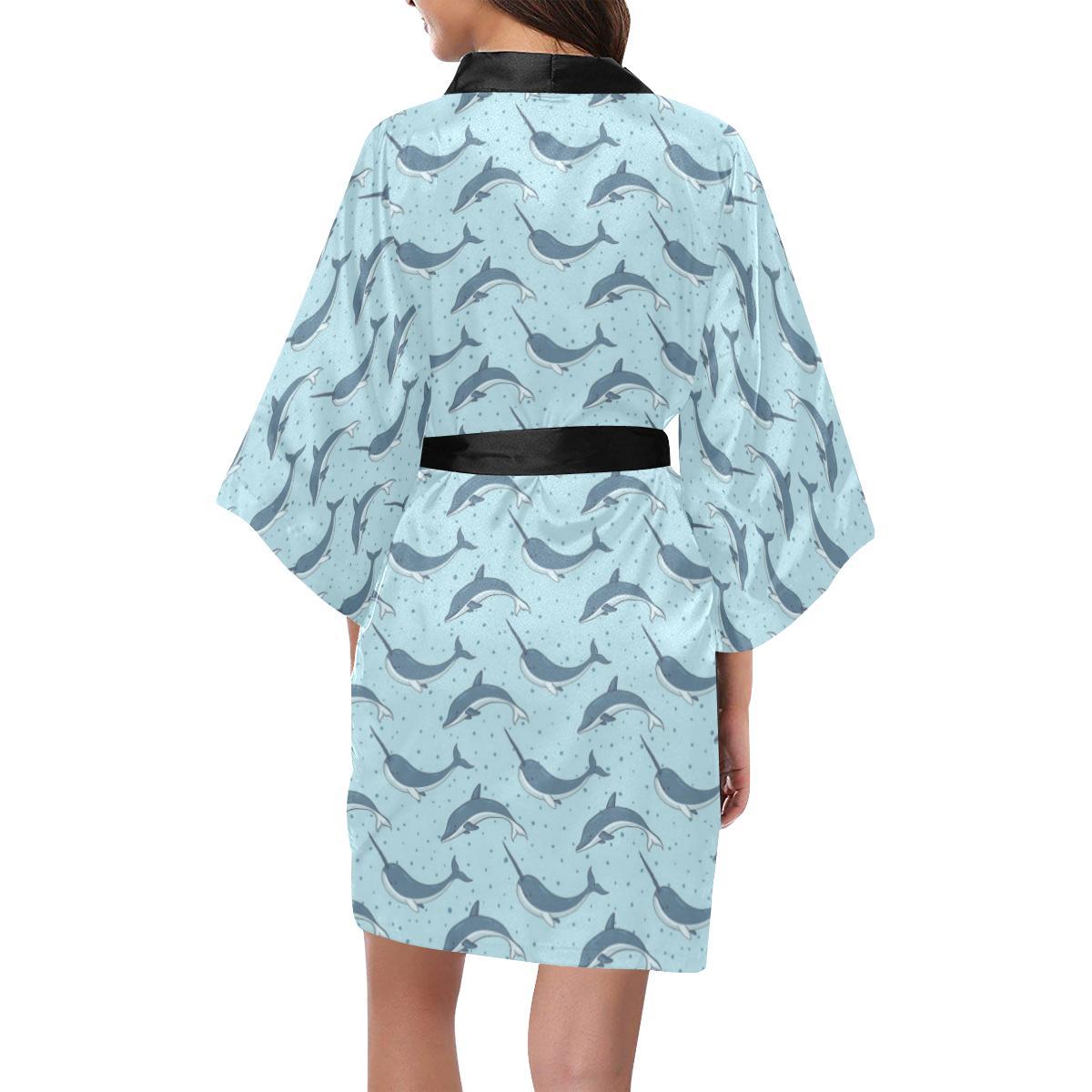 Narwhal Dolphin Print Women Short Kimono Robe