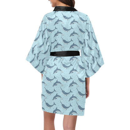 Narwhal Dolphin Print Women Short Kimono Robe