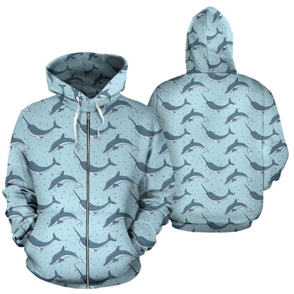 Narwhal Dolphin Print Zip Up Hoodie