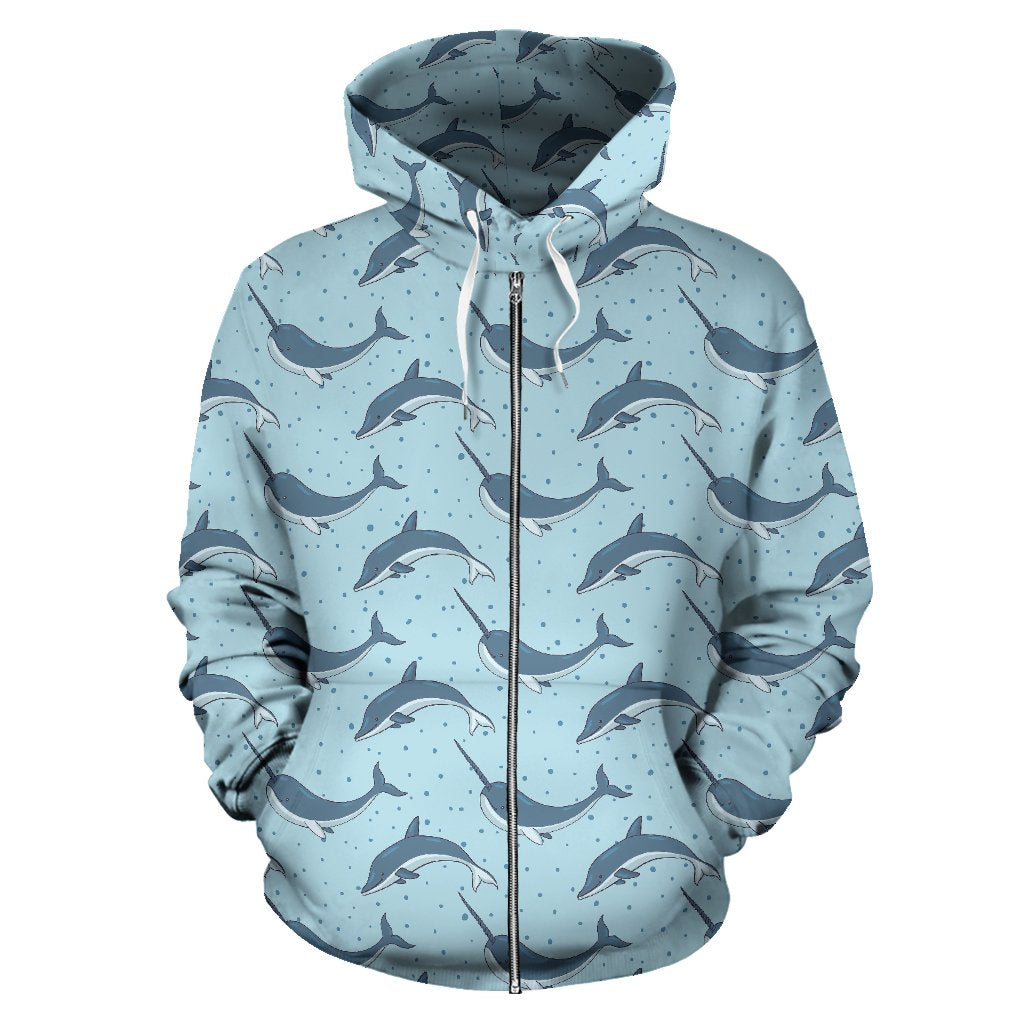 Narwhal Dolphin Print Zip Up Hoodie