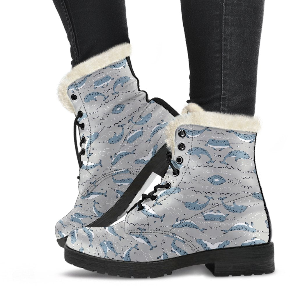 Narwhal Pattern Print Faux Fur Leather Boots-JTAMIGO.COM