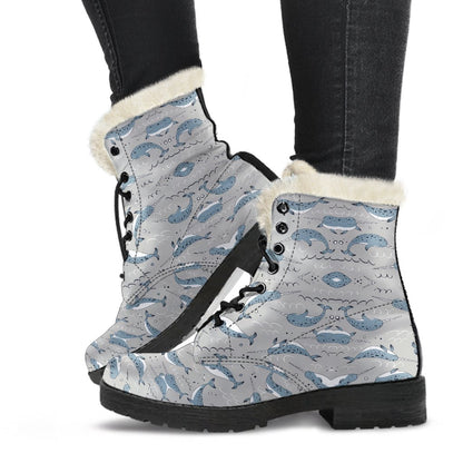 Narwhal Pattern Print Faux Fur Leather Boots-JTAMIGO.COM