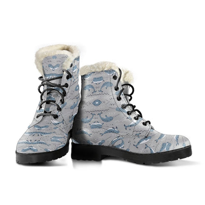 Narwhal Pattern Print Faux Fur Leather Boots-JTAMIGO.COM