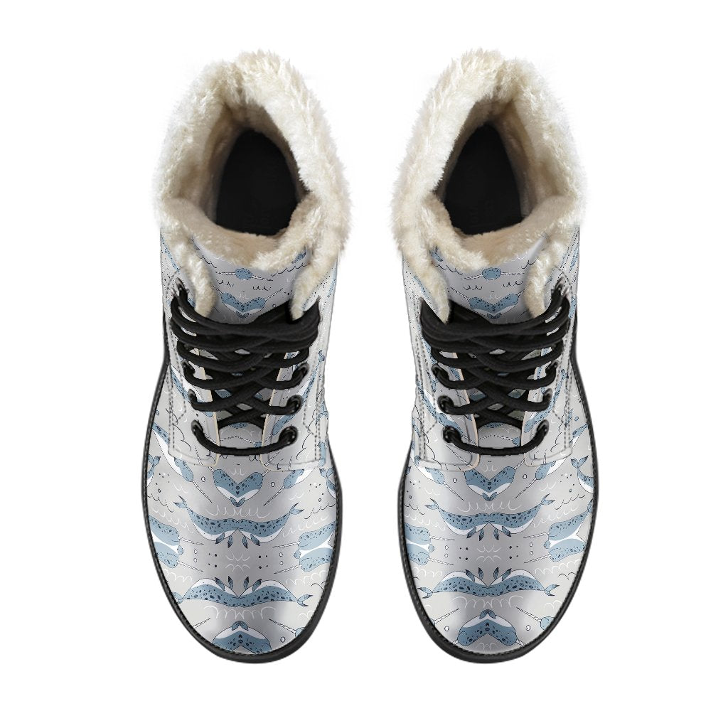 Narwhal Pattern Print Faux Fur Leather Boots-JTAMIGO.COM