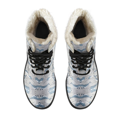 Narwhal Pattern Print Faux Fur Leather Boots-JTAMIGO.COM