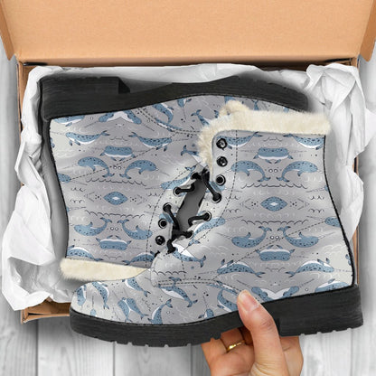 Narwhal Pattern Print Faux Fur Leather Boots-JTAMIGO.COM