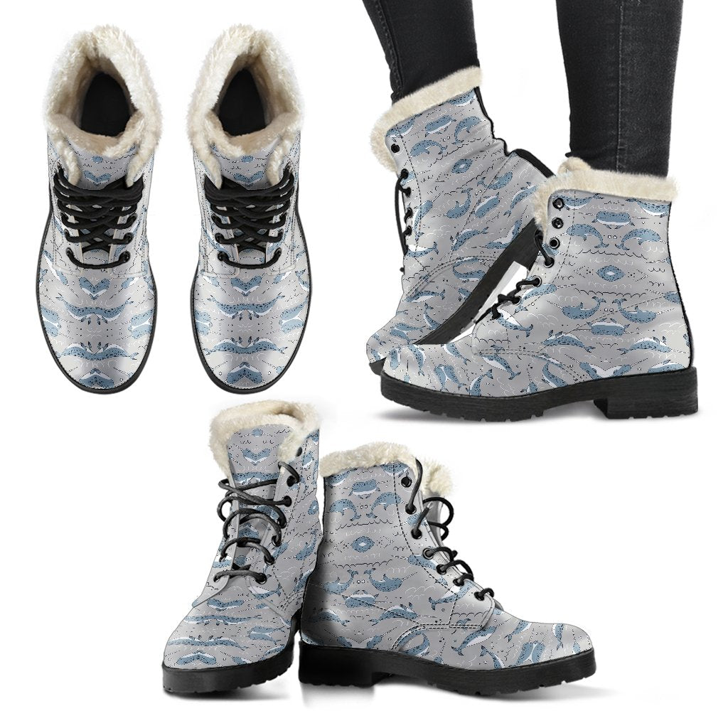 Narwhal Pattern Print Faux Fur Leather Boots-JTAMIGO.COM