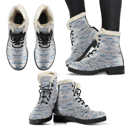 Narwhal Pattern Print Faux Fur Leather Boots-JTAMIGO.COM