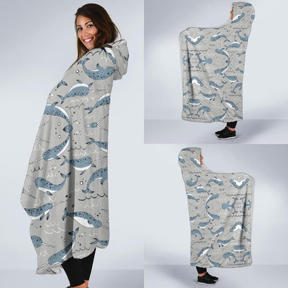 Narwhal Pattern Print Hooded Blanket-JTAMIGO.COM