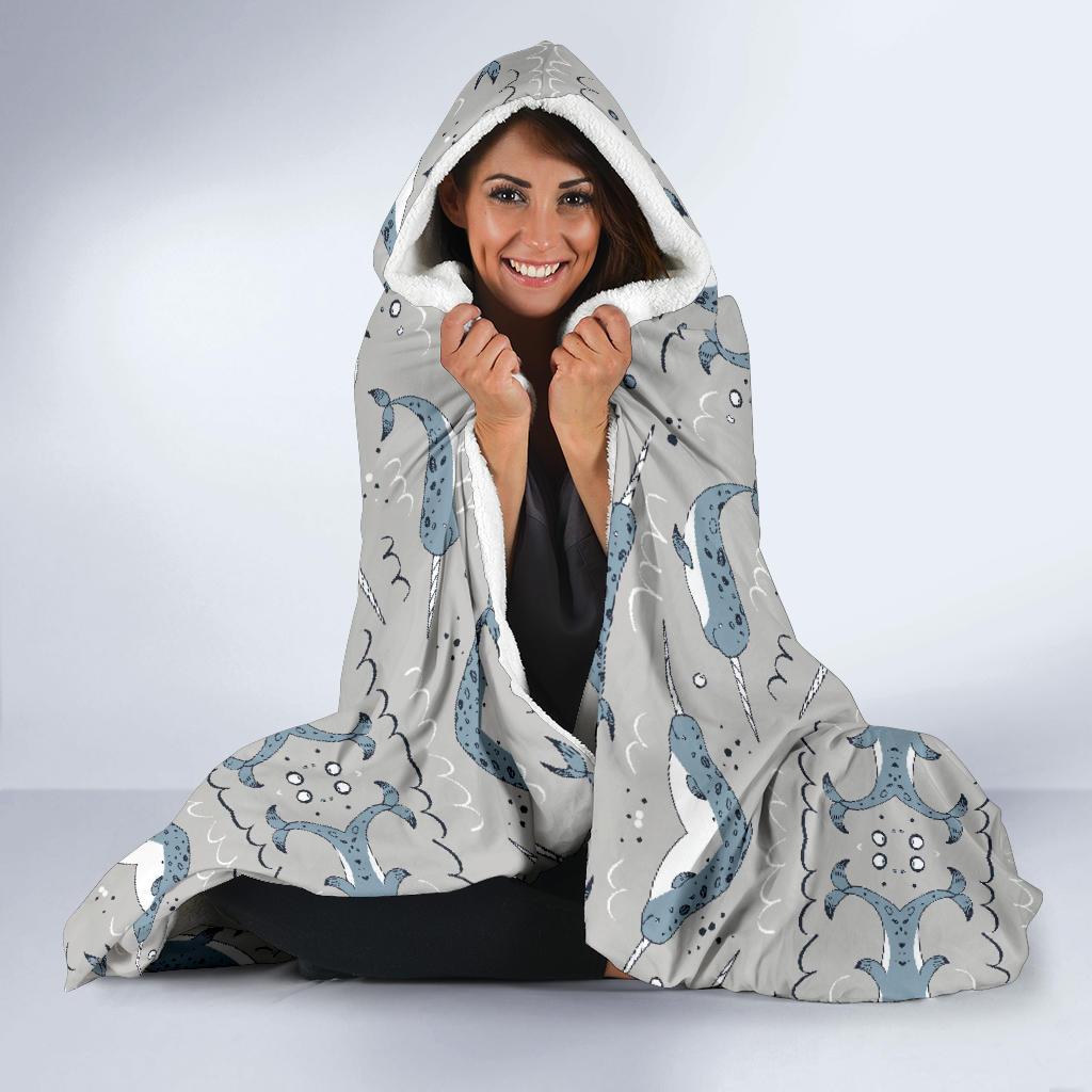 Narwhal Pattern Print Hooded Blanket-JTAMIGO.COM