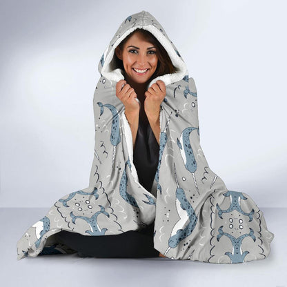 Narwhal Pattern Print Hooded Blanket-JTAMIGO.COM