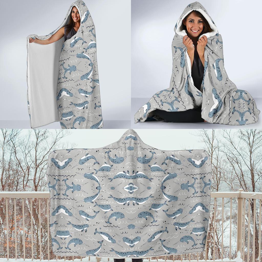 Narwhal Pattern Print Hooded Blanket-JTAMIGO.COM