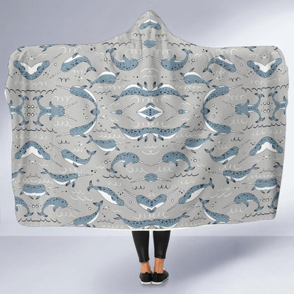 Narwhal Pattern Print Hooded Blanket-JTAMIGO.COM