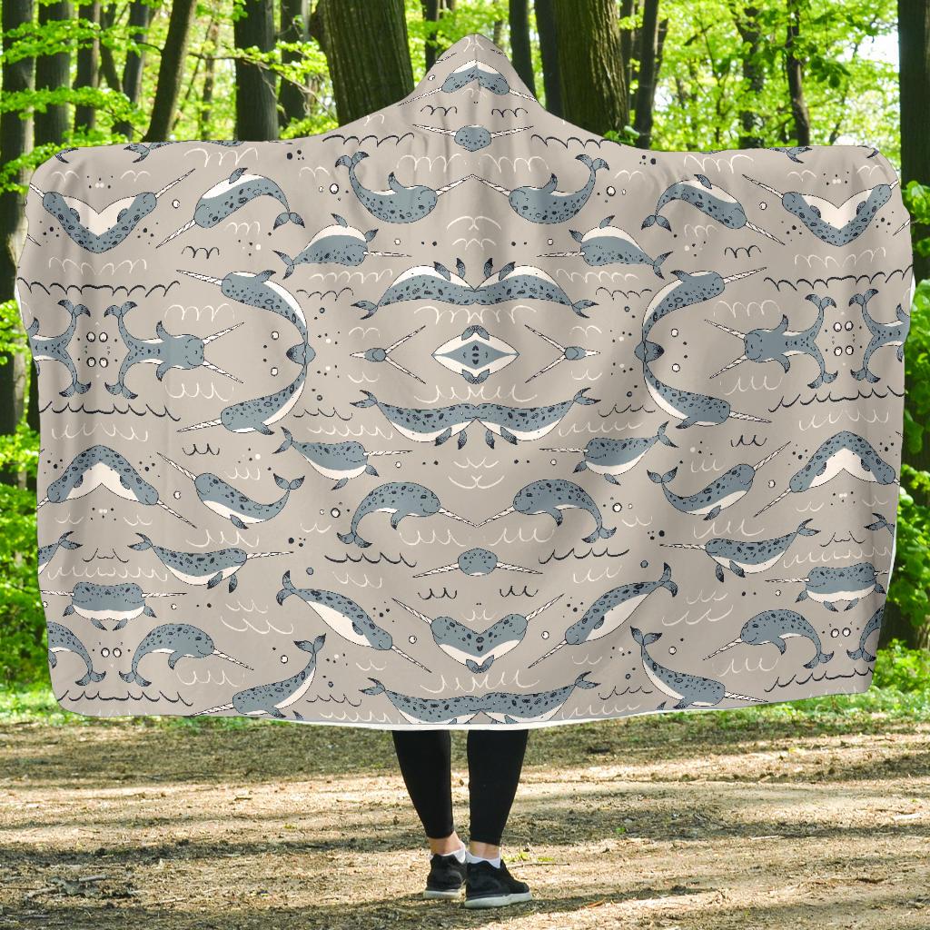 Narwhal Pattern Print Hooded Blanket-JTAMIGO.COM