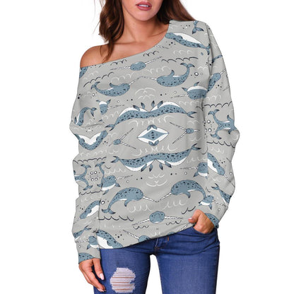 Narwhal Pattern Print Off Shoulder Sweatshirt