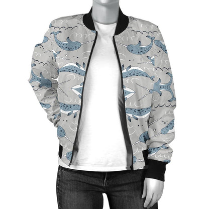 Narwhal Pattern Print Women Casual Bomber Jacket