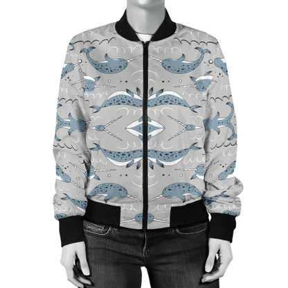 Narwhal Pattern Print Women Casual Bomber Jacket