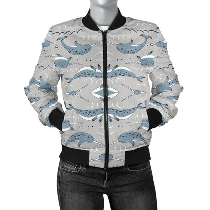 Narwhal Pattern Print Women Casual Bomber Jacket