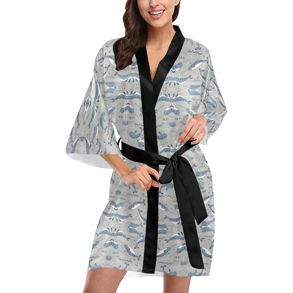 Narwhal Pattern Print Women Short Kimono Robe
