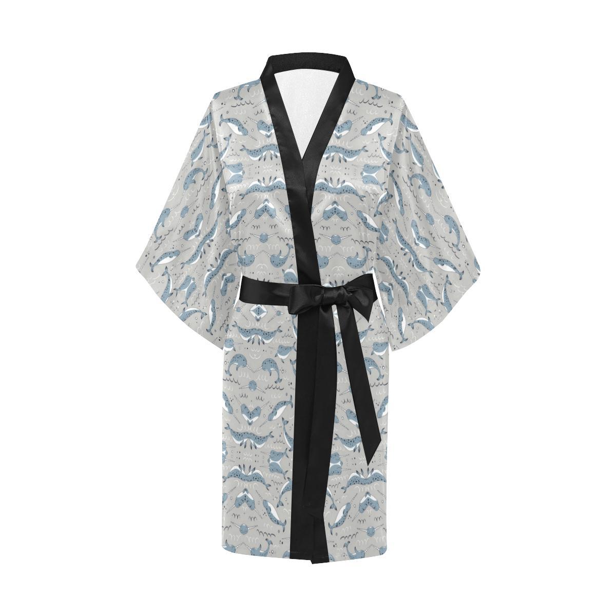 Narwhal Pattern Print Women Short Kimono Robe